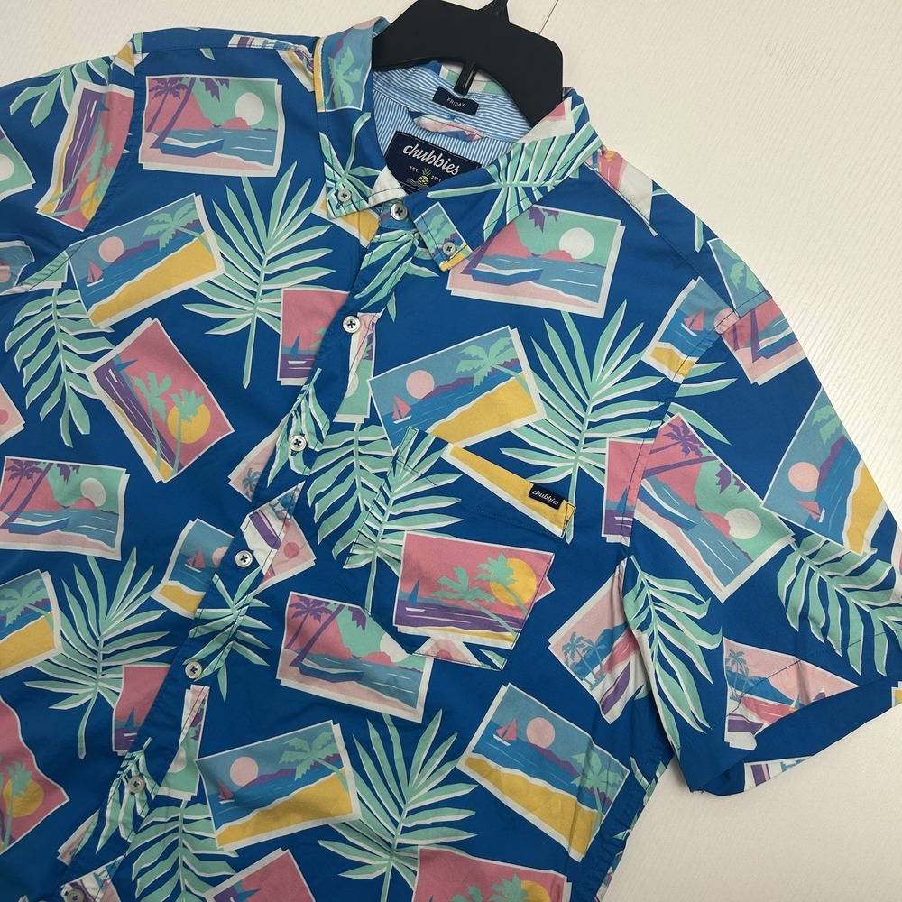Chubbies Mens Button Down Shirt XL Blue Tropical Short Sleeve Regular Fit Casual